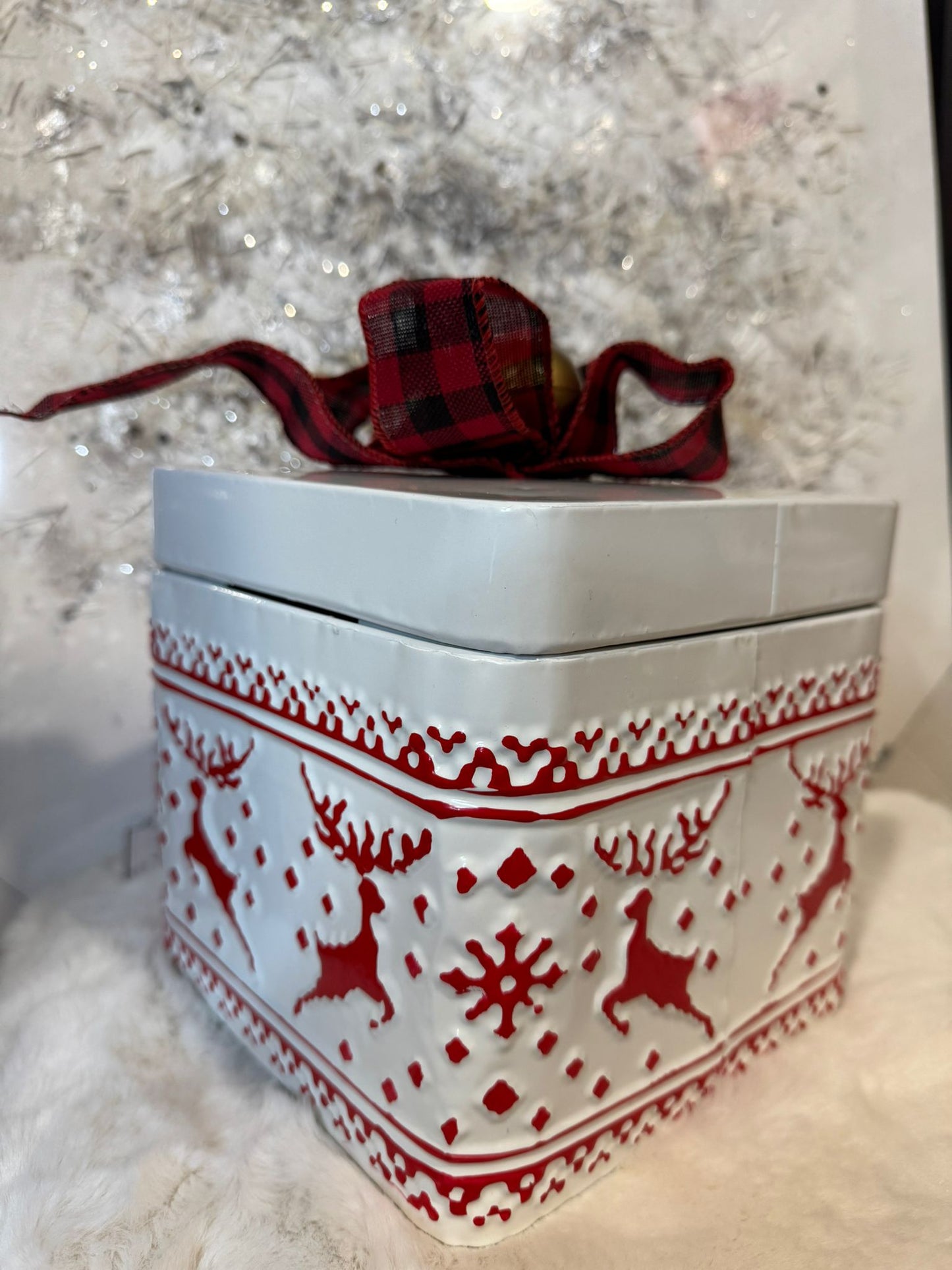 Scatola in latta natalizia bianca e rossa