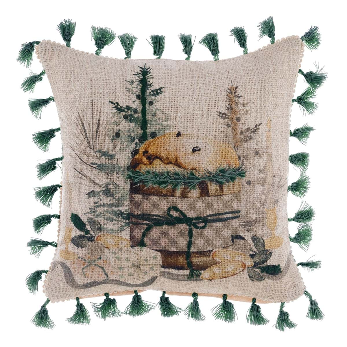 Cuscino stampato beige con ricami verdi