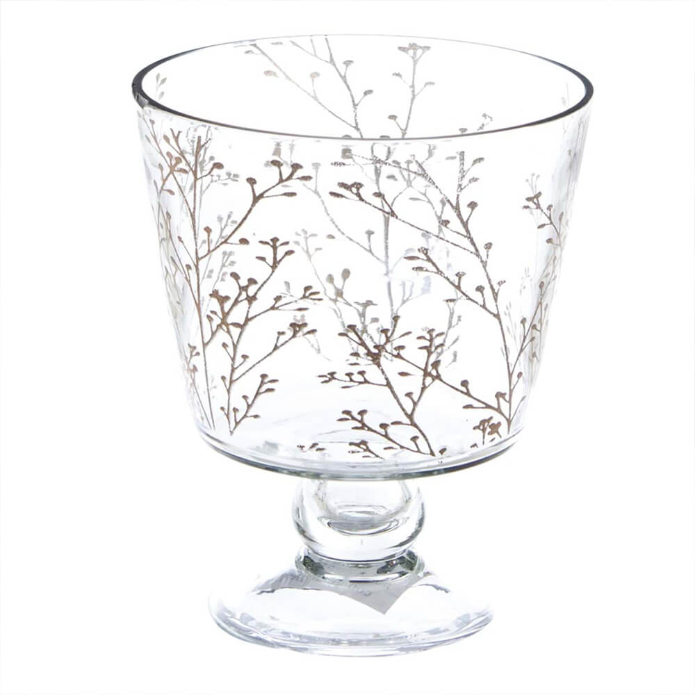 Porta candela in vetro con decorazione rami oro