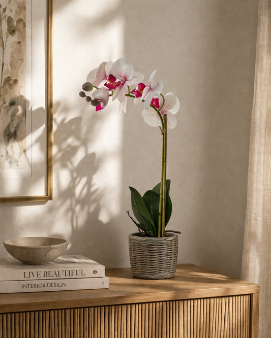 Orchidea  bianca e fucsia con vasetto marrone|Belda