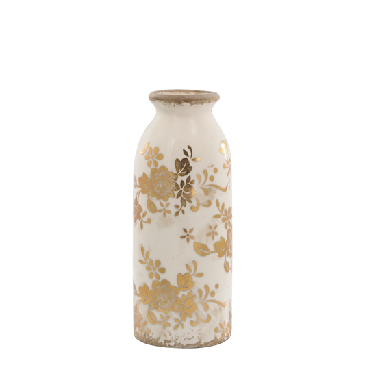 Vaso a forma di bottiglia bianca con decori oro h15,5x7,5| Chic Antique