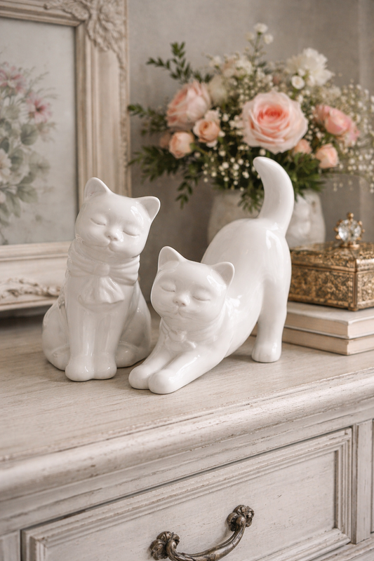 Gatto bianco con fiocco in ceramica|La Scintilla Home