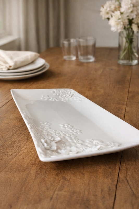 Vassoio bianco con decoro fiorato in ceramica 34,5cm| L'Arte di Nacchi