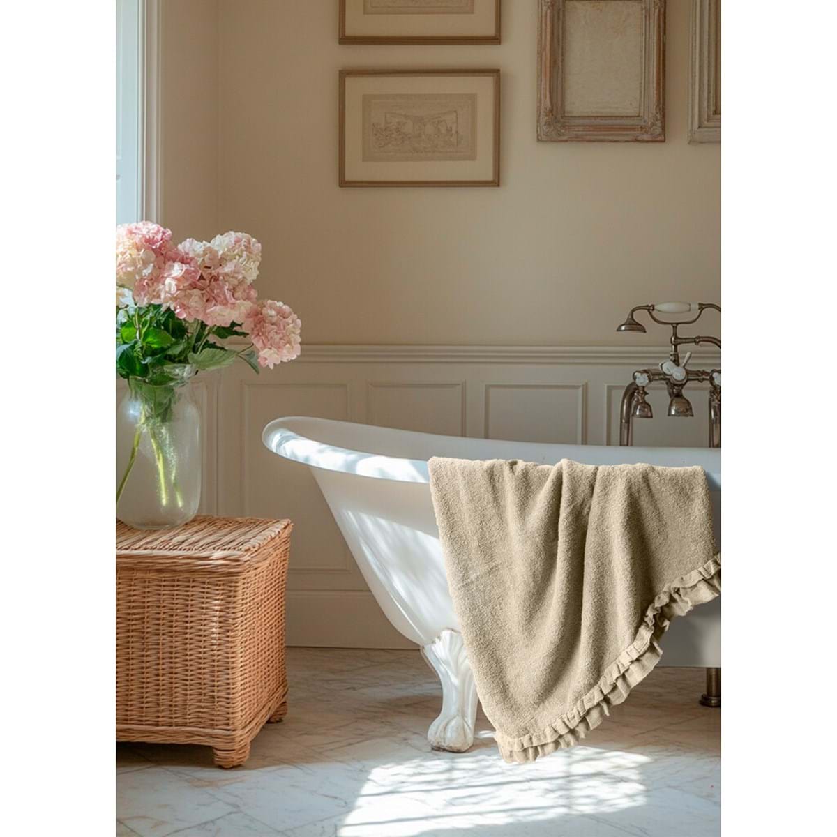 Telo bagno beige con gala in voile 110x150cm | Blanc Mariclò