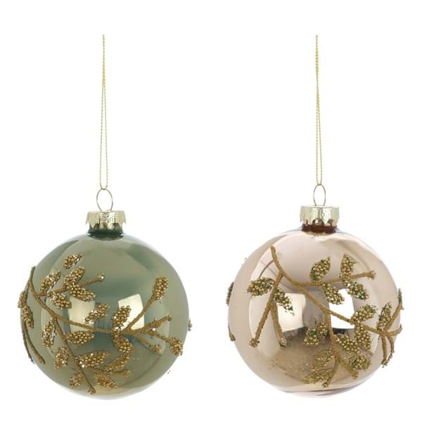 Sfera decorativa dorata-verde con decoro rami 8cm| Blanc Mariclò