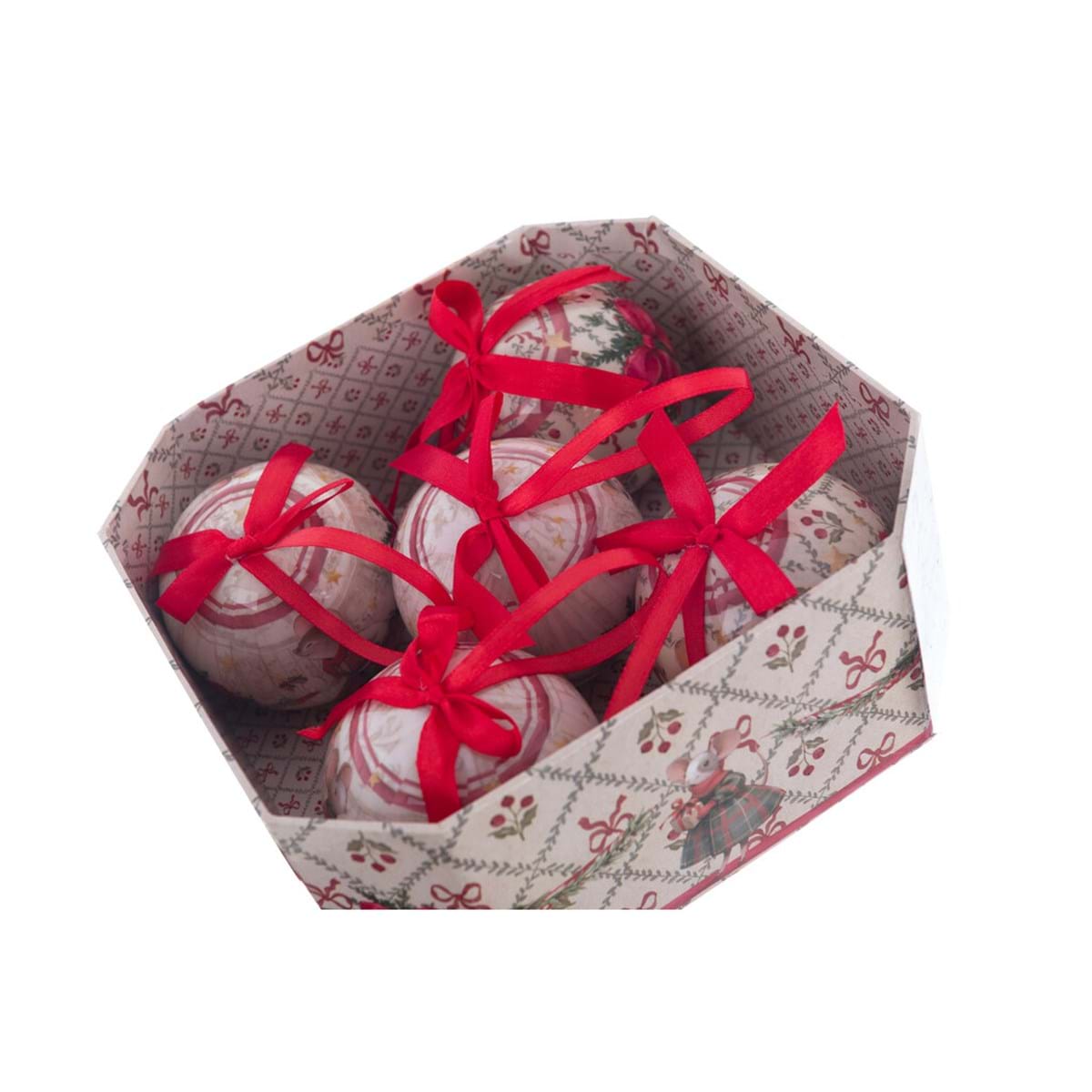 Scatola natalizia ottagonale con 5 Sfere topolini rosse| Blanc Mariclò