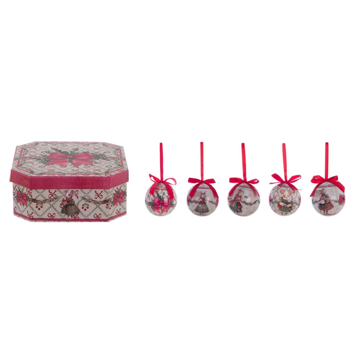 Scatola natalizia ottagonale con 5 Sfere topolini rosse| Blanc Mariclò