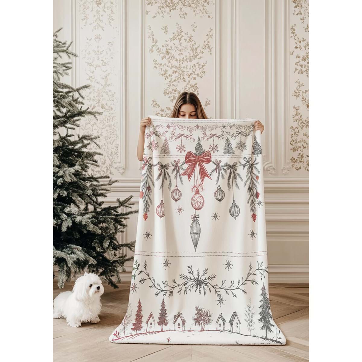 Set Natalizio plaid bianco 400gsm 140x170cm con borsa| Blanc Mariclò