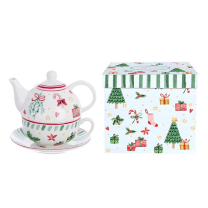 Set natalizio teiera ,tazza e piattino bianca, rossa e verde 16x11x18cm |Blanc Mariclò