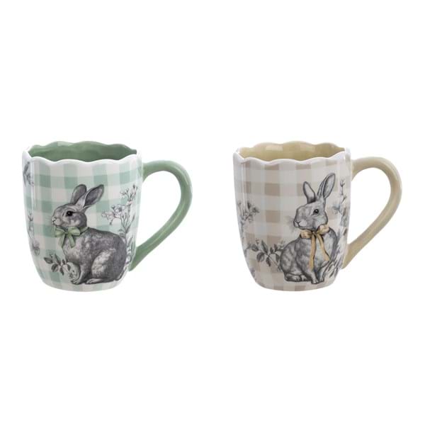 Tazza beige e verde a quadri con coniglio h.13 | Blanc Mariclò