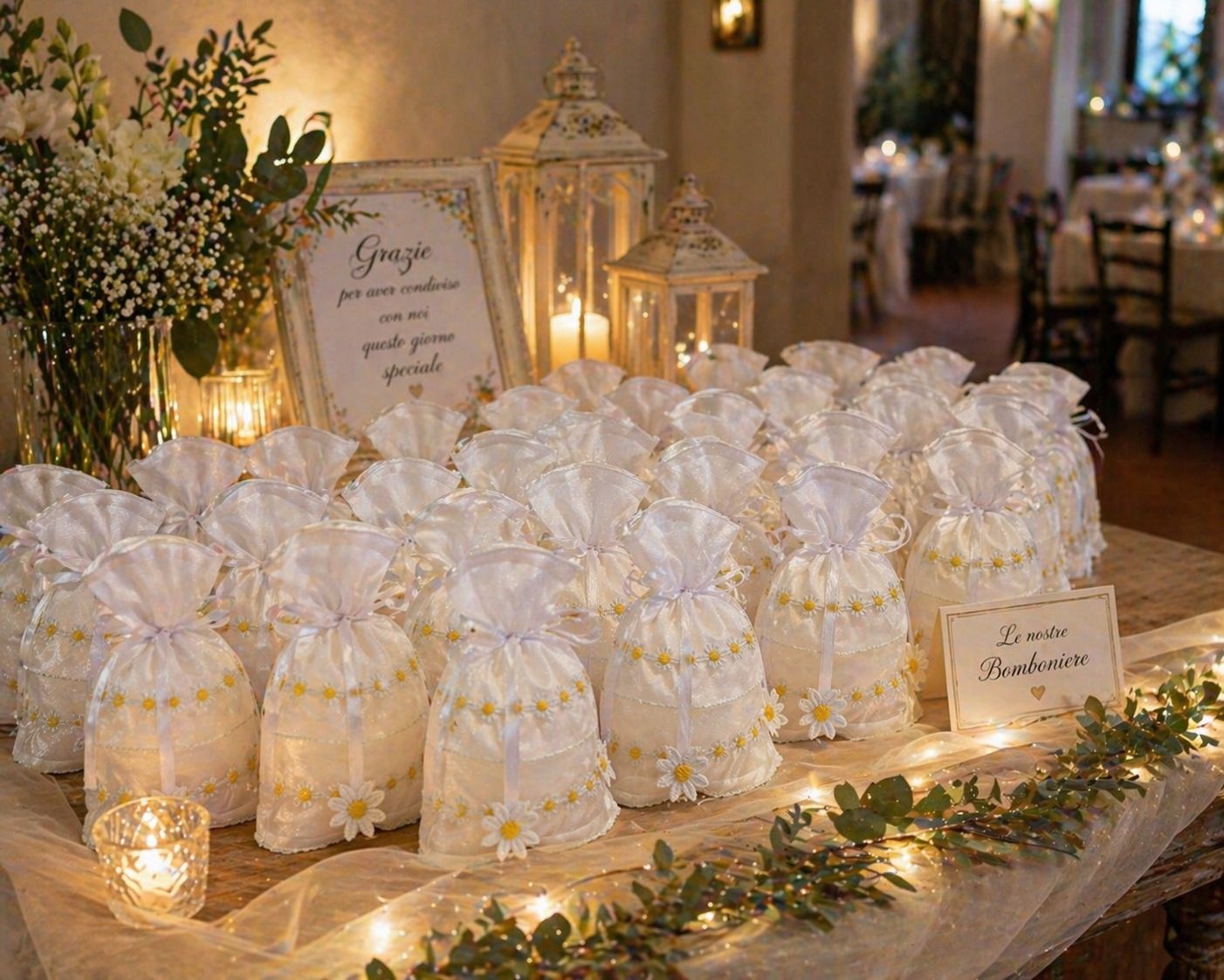 Sacchetto per confetti con margherite
