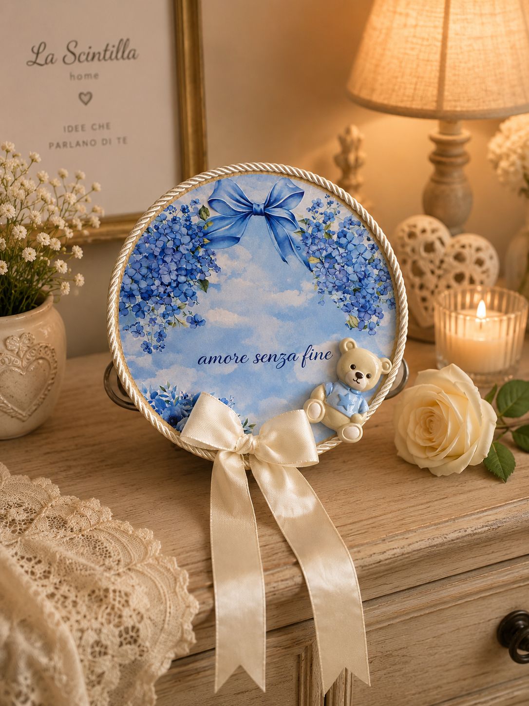 Tamburello Nascita 16 cm con mgnete e orso in ceramica