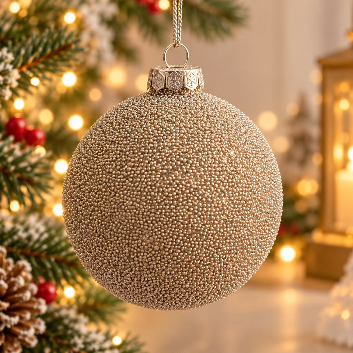 Sfere decorative con perline champagne d.100|Carta I Bassanesi