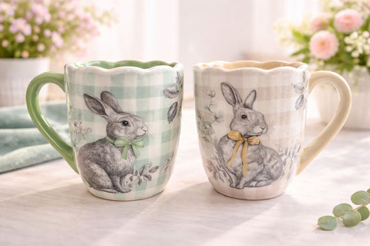 Tazza beige e verde a quadri con coniglio h.13 | Blanc Mariclò