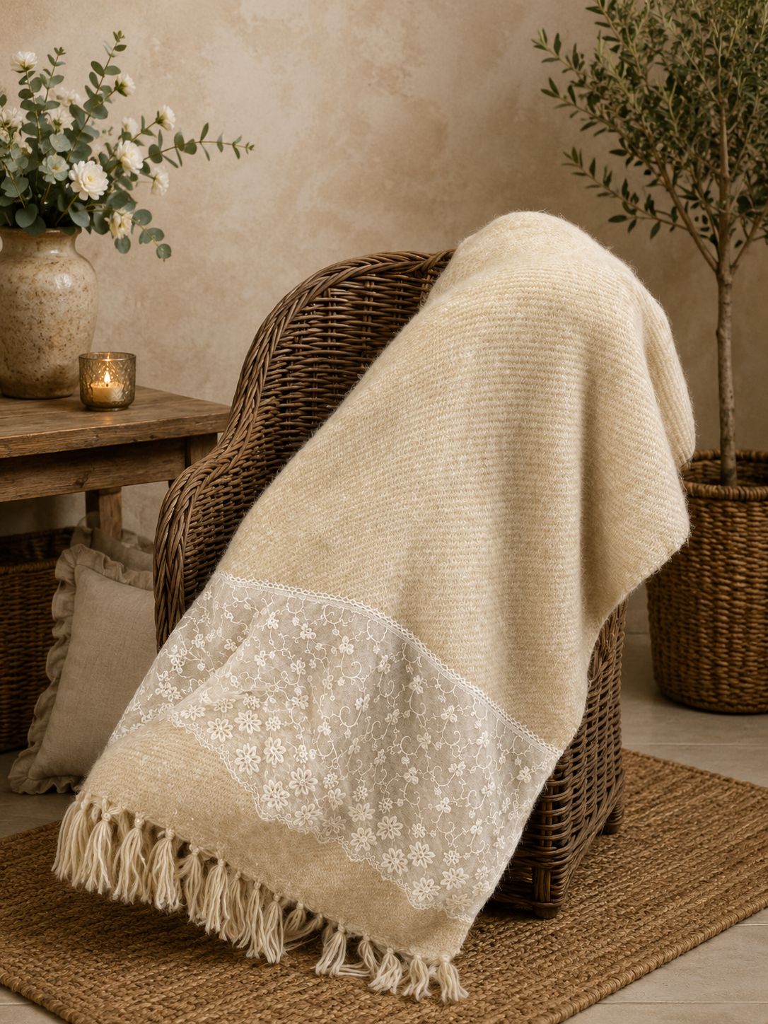 Copritutto Plaid beige con pizzo 135x175cm| Blanc Mariclò