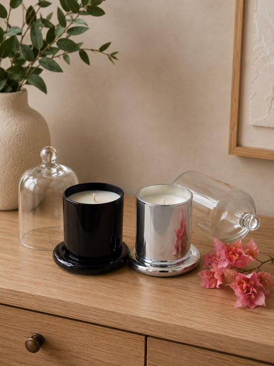 Candela argento-nera con coperchio 10x8cm| Belda