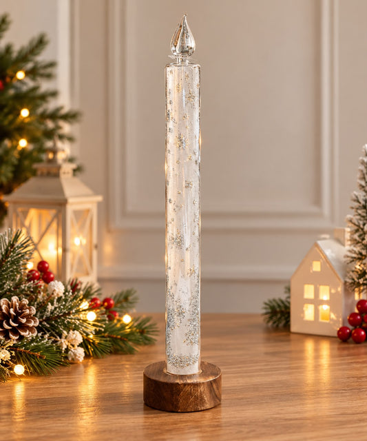 Candela led argento natalizia con base legno| Plathea