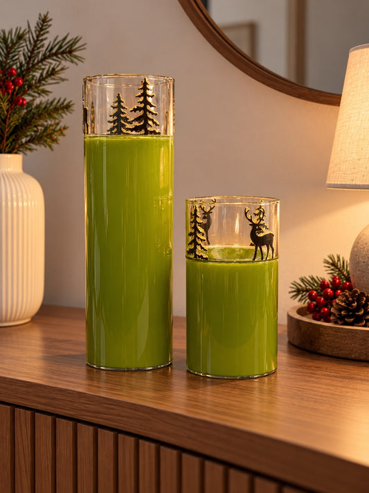 Porta Candela natalizio verde con decori alberi 8x25h| Plathea