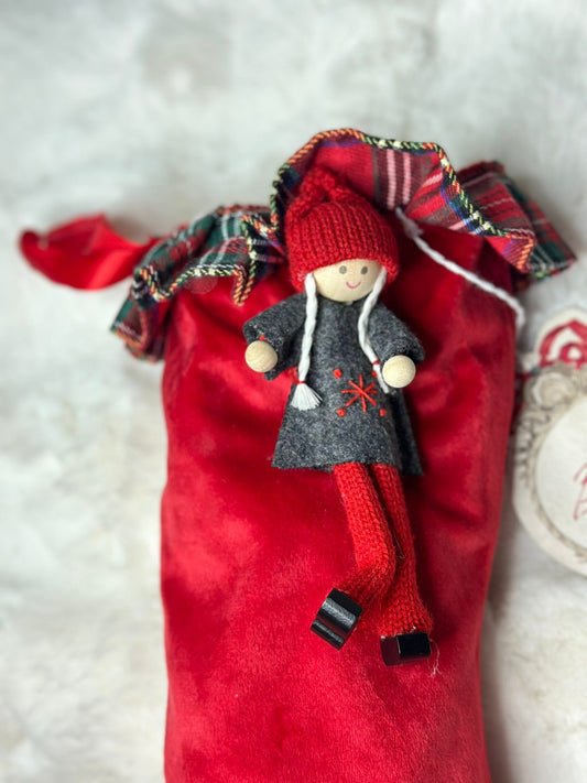 Calza della befana natalizia rossa con motivo scozzese