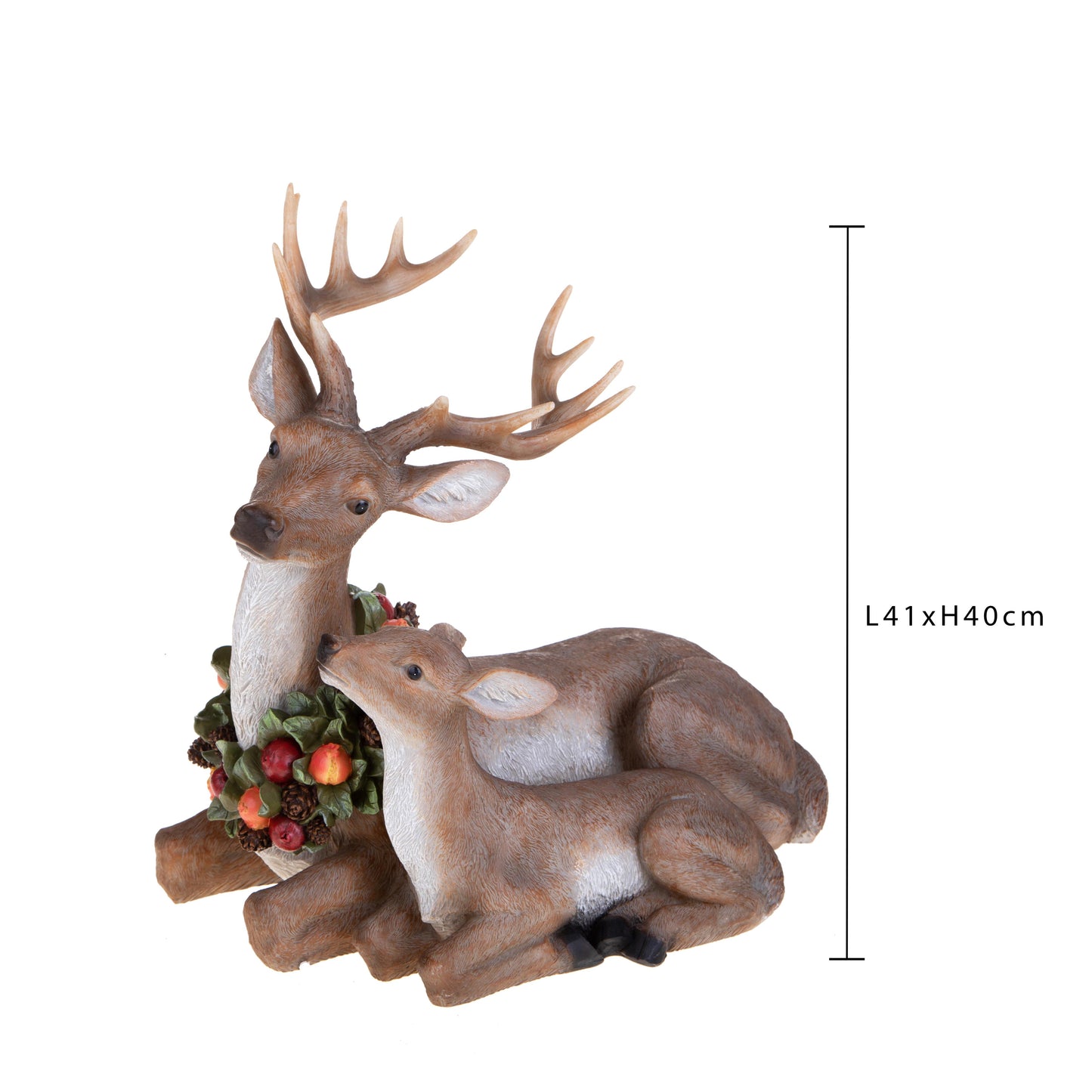 Renna seduta con cucciolo e ghirlanda natalizia al collo h.40cm| Dino Bianchi